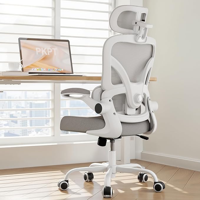 Ergonomic Office Chair, 330LBS Desk Chair with 3-Level Lumbar Support & Headrest, Breathable Mesh Backrest, Flip-Up Armrests for Home Office and Gaming, White and Gray