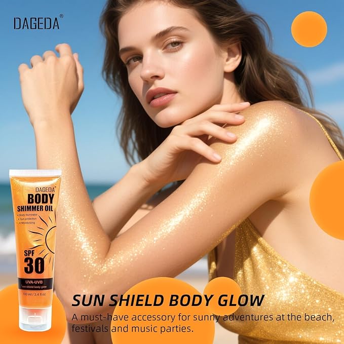 DAGEDA Body Glow Oil, SPF 30 Broad Spectrum Glitter Sunscreen, Lightweight, Non-sticky Sunscreen Body Shimmer, Sun Protection with Centella Asiatica Extract, UVA/UVB Protection, Gold 3.4 fl.oz