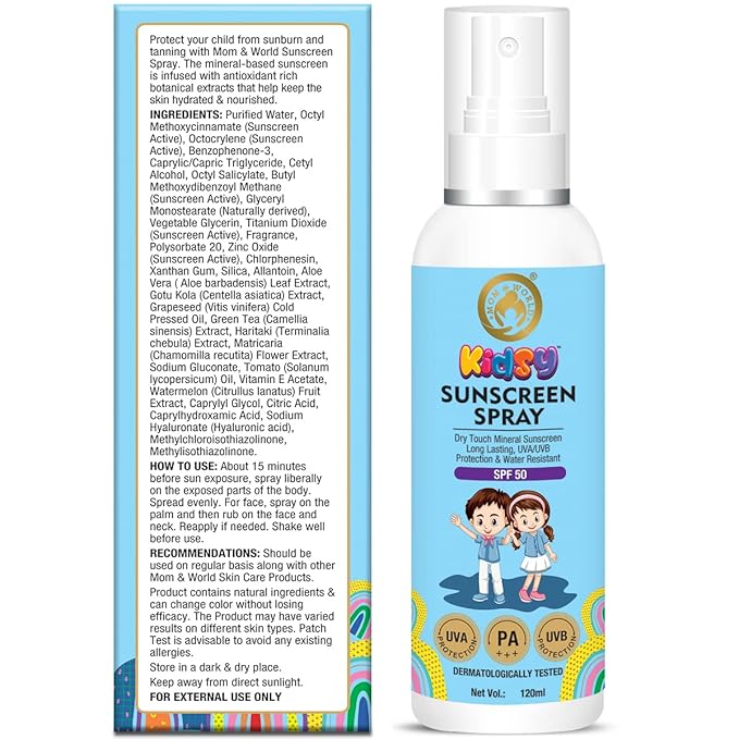Mom & World Mineral Based Kids Sunscreen Spray SPF 50, Water Resistant, UVA/UVB PA+++, 120ml - Safe for Baby and Kids