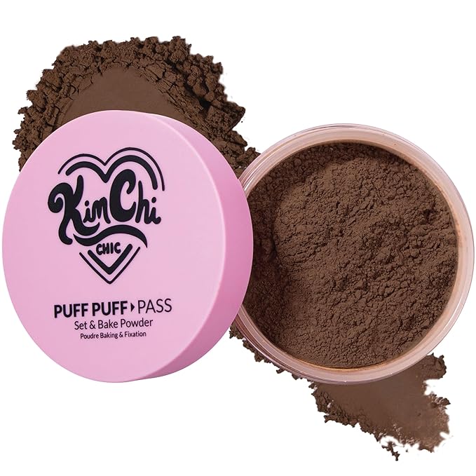 KimChiChic Beauty Puff Puff Pass Set and Bake Setting Powder for Makeup, Extra Fluffy Loose Face Powder Poof, Soft Natural Face Makeup for Uneven Skin Tone, 08 Chocolate