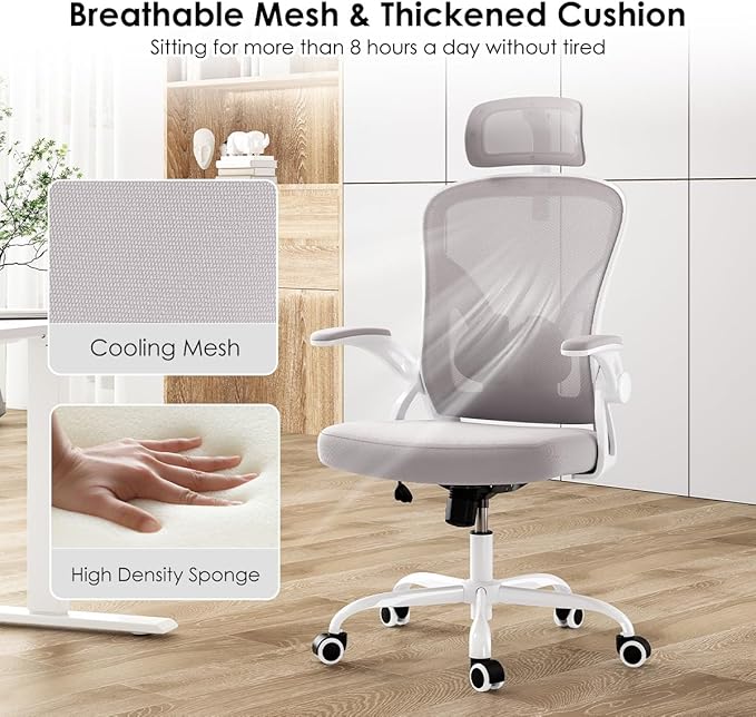 Farini Ergonomic Office Chair, Home Office Desk Chair with Headrest, High Back Swivel Computer Chair with Armrests and Adjustable Lumbar Support for Home Office Study Room, White & Gray