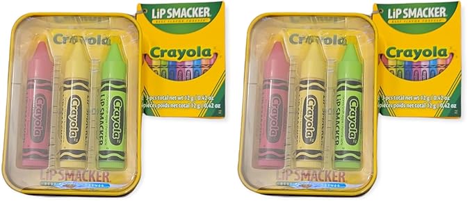 Lip Smacker Crayola Crayon 3-Piece Lip Balm Tin Razzmatzz, Banana Mania, and Granny Smith Apple (Pack of 2)