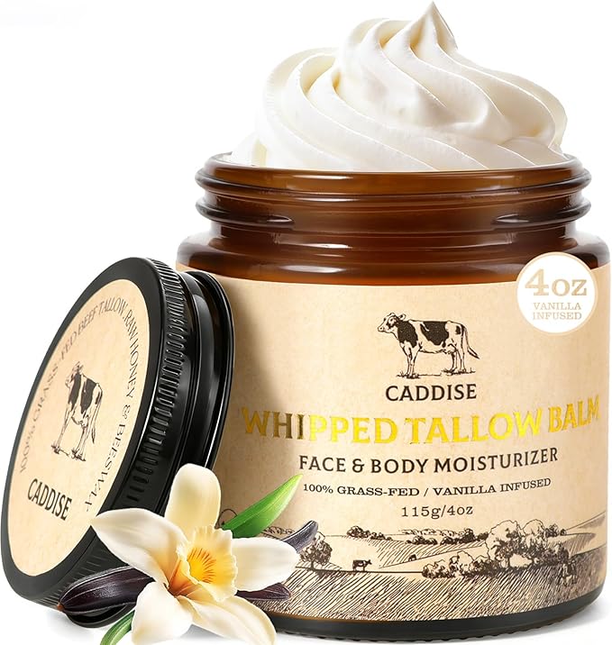 Whipped Beef Tallow for Skin–100% Grass-Fed Handmade Cream Moisturizer for Face & Body, Natural with Honey, Shea Butter, Jojoba Oil, Non-Greasy, Nourishing for Men, Women, Kids, 4 Oz (Vanilla)