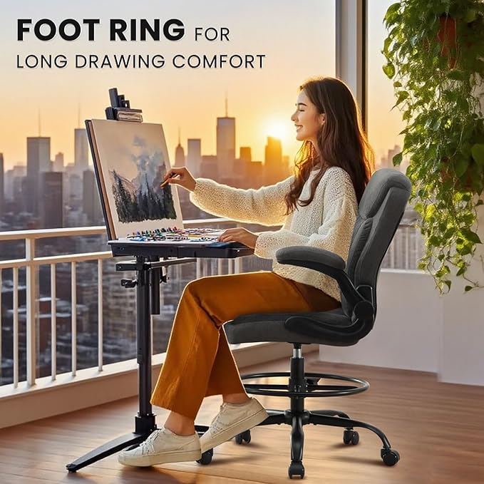 Drafting Chair for Standing Desk – Tall Office Chair with Adjustable Height & Foot Ring, Flip-Up Arms, Lumbar Support – Comfortable Fabric Seat, Ideal Home Desk Chair