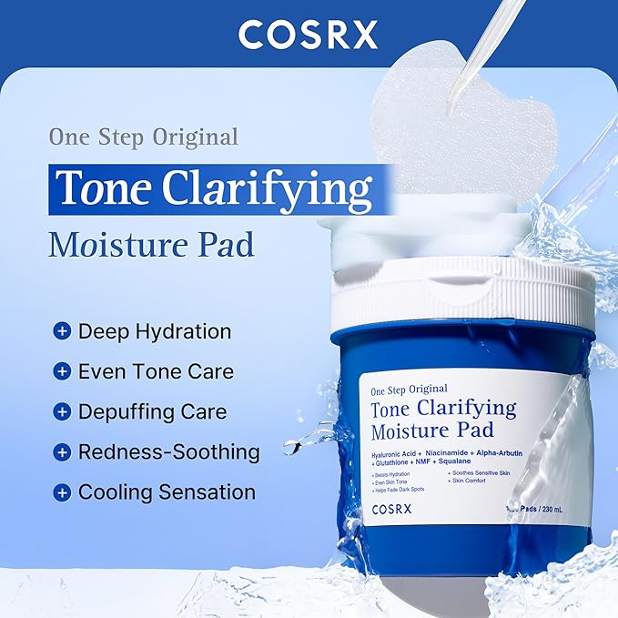 COSRX OneStep Original Tone Clarifying Moisture Pad, 100 Pads, Daily Toning Pad for Skin Texture & Hydration & Evening Skin Tone with Arbutin, Glutathione & 12 Hyaluronic Acids, Korean Skin Care