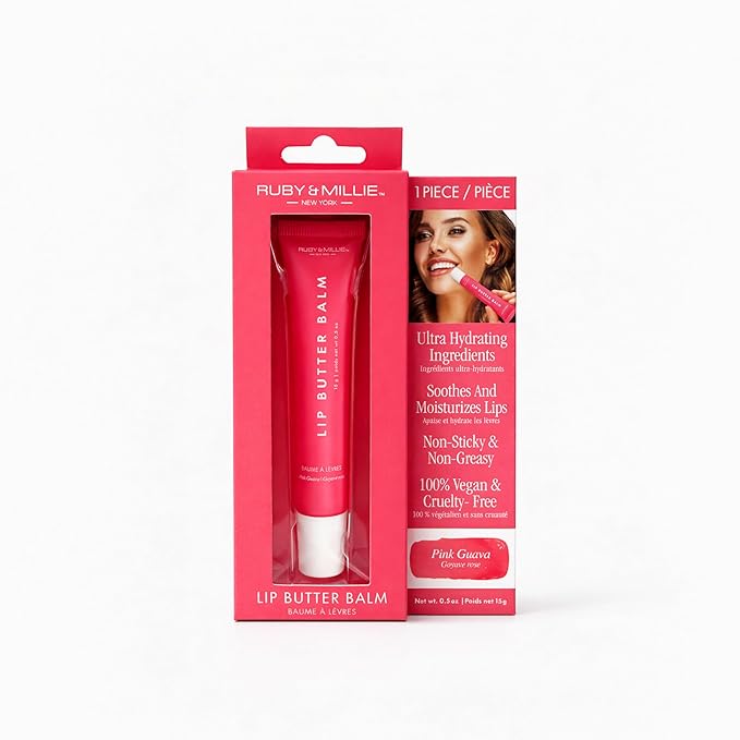 Ruby & Millie Tinted Lip Balm Pink Guava - Hydrating Moisturizing Lip Butter Balm Treatment - Glossy Vegan Lipbalm 0.5 Oz