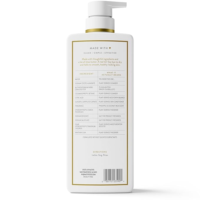 Native Moisturizing Body Wash, Pineapple & Coconut Milk, 24-Hour Hydration for Dry & Sensitive Skin, Made with Real Shea Butter, Sulfate & Paraben Free, 22 oz
