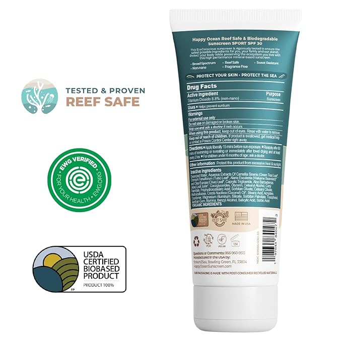 SPF 30 Reef Friendly Sport Mineral Sunscreen for Face & Body, Non-Nano Zinc Oxide, Natural Organic Non Toxic Mineral Based Coral Reef Safe Sunscreen, Travel Size, Biodegradable 2.5 Fl Oz