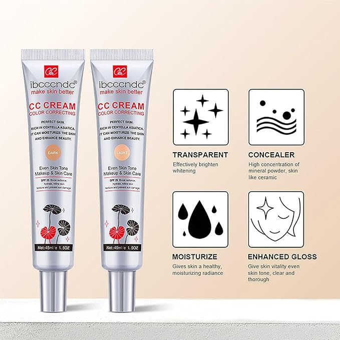 Hydrating CC Cream Foundation with Centella Asiatica Multi-Purpose Pre-makeup Primer Moisturizing Facial Concealer Sunscreen Full-Coverage CC Cream with SPF 25 (02)