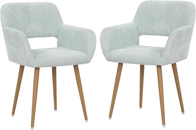 KCC Small Modern Dining Room Arm Chairs Set of 2, Mid-Century Upholstered Corduroy Fabric Side Seat Club Guest with Metal Tube Legs for Kitchen, Living Room, Blue
