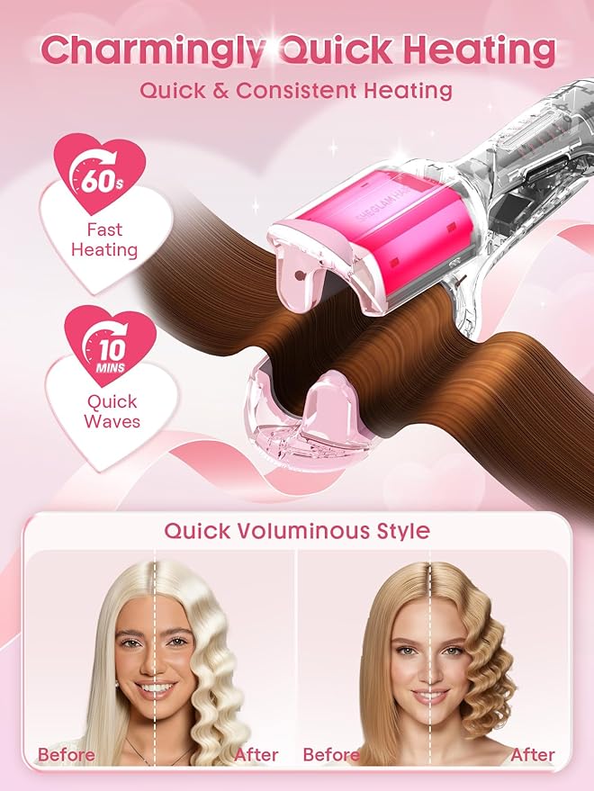 SHEGLAM Pink Beach Wave Hair Waver 0.75 inch - Lightweight Dual Voltage Crimper for Women, Smart Timer Double Barrel Tool with Adjustable Temps & Anti-Scald for Mermaid Waves on Short Hair