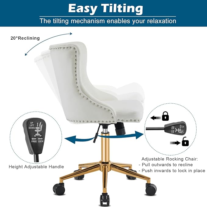 VINGLI White Velvet Armless Home Office Desk Chair with Gold Base/Wheels, Small Cute Vanity/Makeup Chair with Back for Bedroom, Upholstered Adjustable Rolling Swivel Nail Chair for Women/Girls