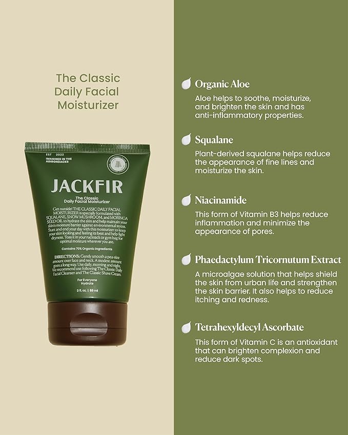 Jackfir The Classic Daily Facial Moisturizer, Natural Face Cream for Men, Hydrate with Aloe, Squalane and Moringa Seed Oil, EWG Verified, Organic Ingredients, For All Skin Types, 3 Fl Oz