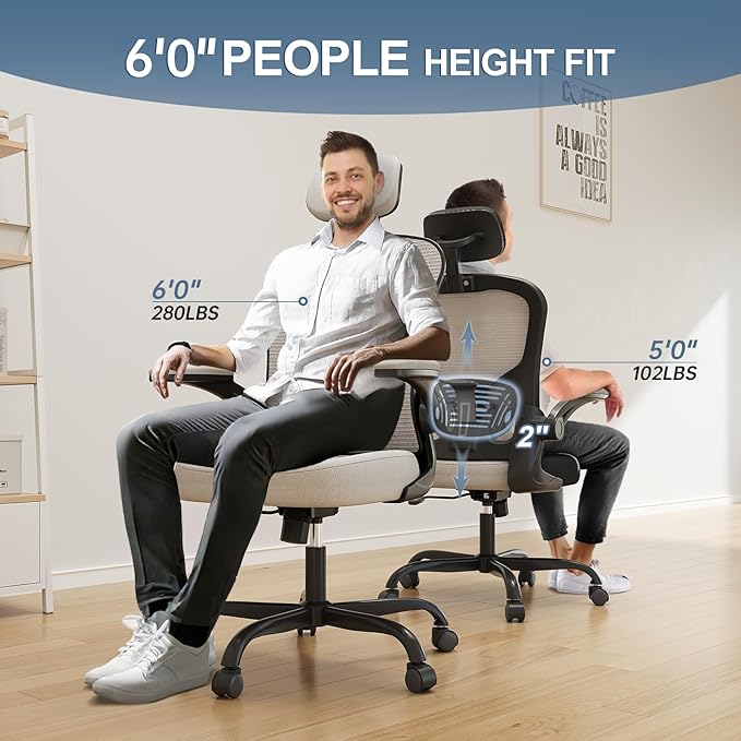 Synorla Office Chair Ergonomic Desk Chair, 330LBS Capacity, High Back Computer Design for Long Hours Comfort, Rolling Swivel Executive Task for Home Office with Flip-up Armrests, Black Grey