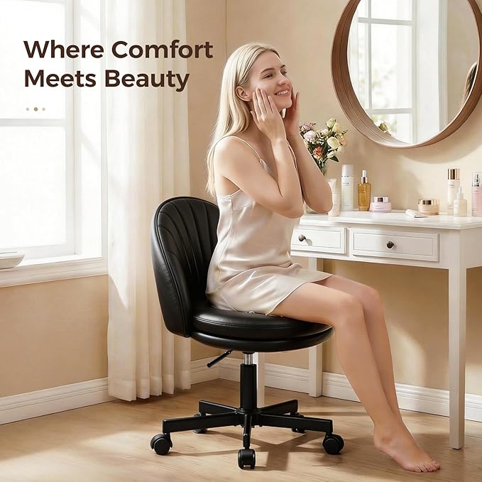 GTPOFFICE Vanity Chair with Back, Adjustable Tall Office Chair High Swivel Bar Stools Fluffy Cute Desk Chair Comfy with Wheels Armlees Counter Height for Adults Standing Desk Bar, Smooth Pu, Black