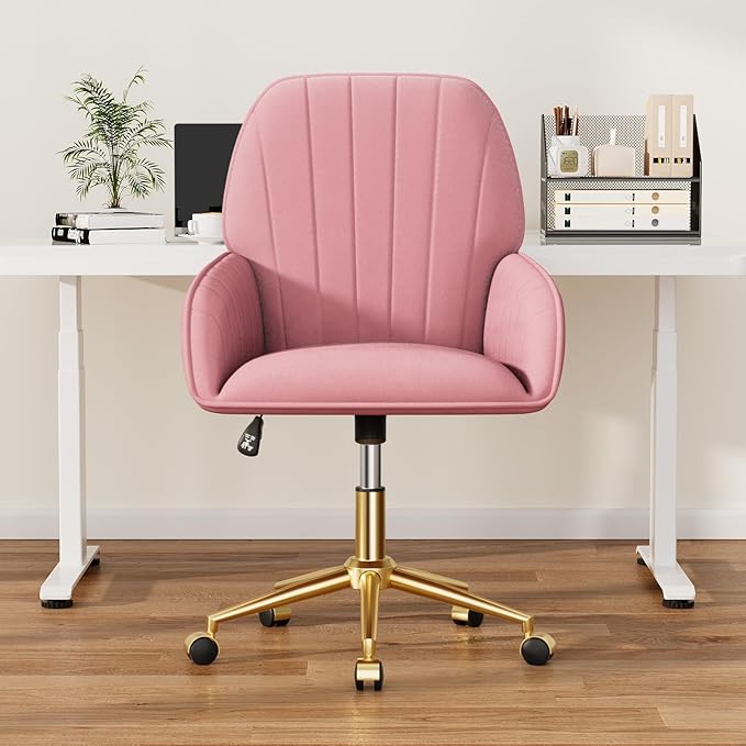 Home Office Desk Chair Comfy with Adjustable Swivel Wheels, Modern Velvet Makeup Vanity Chair with Back & Pillow, Ergonomic Office Chair Computer Task Chair for Living Room, Bedroom, Rose Pink