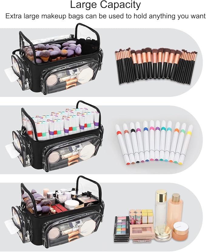 TANTO Makeup Brush Case, Clear Extra Large Cosmetic Organizer Holder Professional Makeup Artist Train Case with Adjustable Dividers&Strap Portable Makeup Brush Holder (02A-Black（XX Large）)
