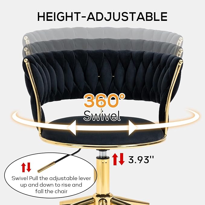 NIOIIKIT Velvet Office Desk Chair with Hand Woven Backrest, 360° Swivel & Height Adjustable Task Chairs, Makeup Chair, Living Room Chairs with Stainless Base and 5 Wheels (Black)