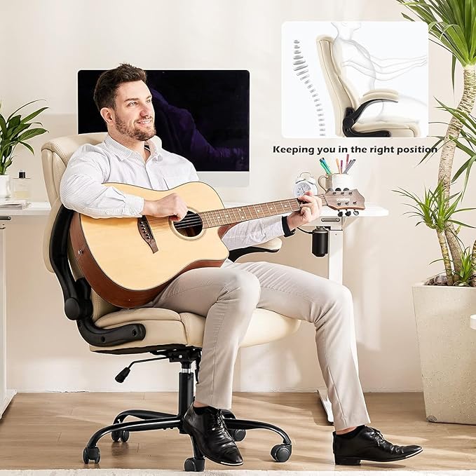 DUMOS Office Chair Set of 2 - Ergonomic Executive Computer Desk Chairs with Adjustable Flip-up Armrest, Swivel Task Chair with Lumbar Support, Strong Metal Base, PU Leather, Cream White