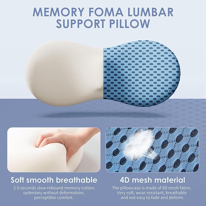 Lumbar Support Pillow, Back Pillow for Low Back Pain Relief, Ergonomic Streamline Car Seat, Office Chair, Recliner and Bed (Blue)