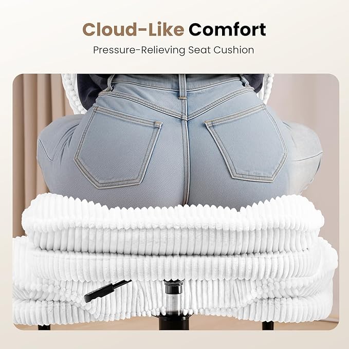Cross Legged Office Chair, Ergonomic Cloud Criss Cross Desk Chair, Meditation Chair with Wheels, Height Adjustable Seat for ADHD, Wide Kneeling Chair with Back Support, Corduroy Fabric,White