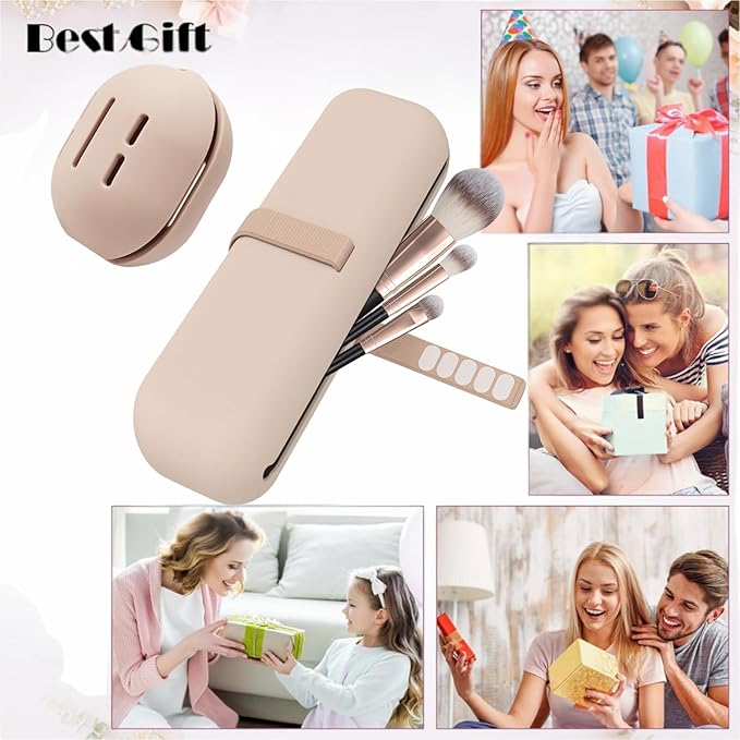 Silicone Makeup Brush Holder Travel Case No Odor Nylon Strap Closure | Water-Resistant Brush Organizer for Travel Makeup Brushes Storage-Khaki