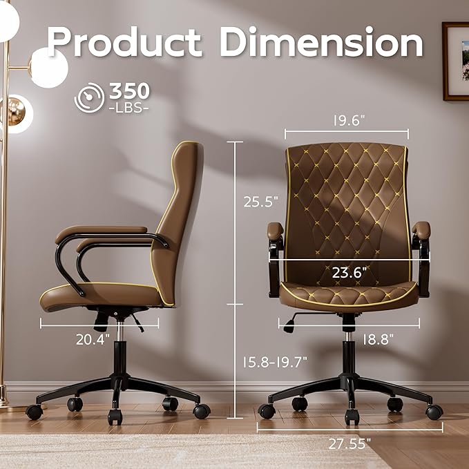 Brown Office Chair with Soft Leather Embroidery, Mid Back Vintage Swivel Executive Desk Chair with Wheels and Padded Arms, Adjustable Height