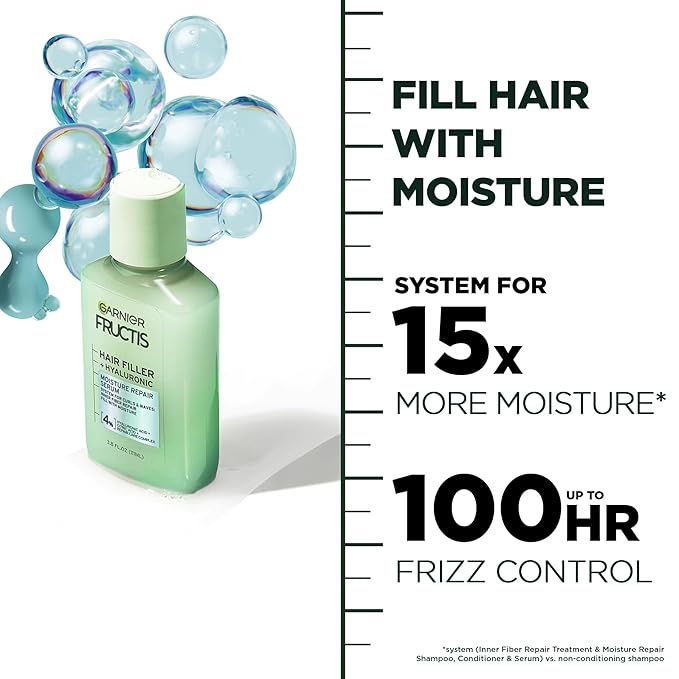 Garnier Fructis Hair Filler Moisture Repair Serum Treatment, Moisturizing Hair Serum for Curls and Waves with Hyaluronic Acid, 3.75 Fl Oz, 1 Count