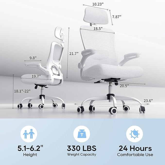 Ergonomic Office Chair, High Back Mesh Desk Chair with Adjustable Lumbar Support & Headrest, Flip-up Armrest, Computer Task Chairs for Home and Executive Office (W-White)