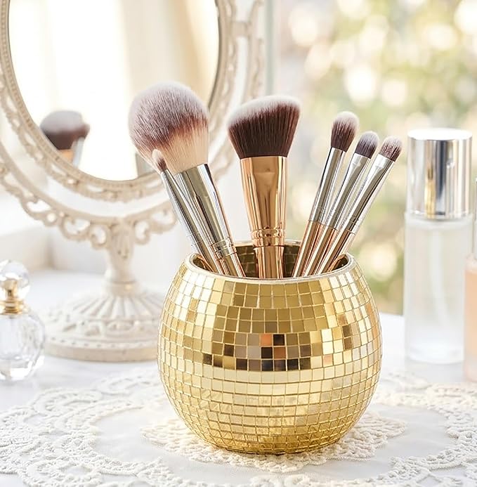 2 Pack Glass Disco Ball Makeup Brush with Smooth Grouting - Premium Mirror Mosaic Pencil Cup for Desk, Cute Pen Holder, Aesthetic Room Decor Gift (gold)