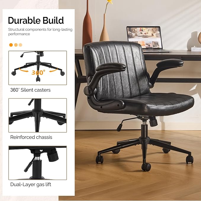 VINGLI Criss Cross Chair with Adjustable Flip-Up Arms,Cross Legged Chair with Wheels, Extra Wide Office Chair,Comfortable Desk Chair for Home Office, Vanity, Bedroom, PU Leather,Black