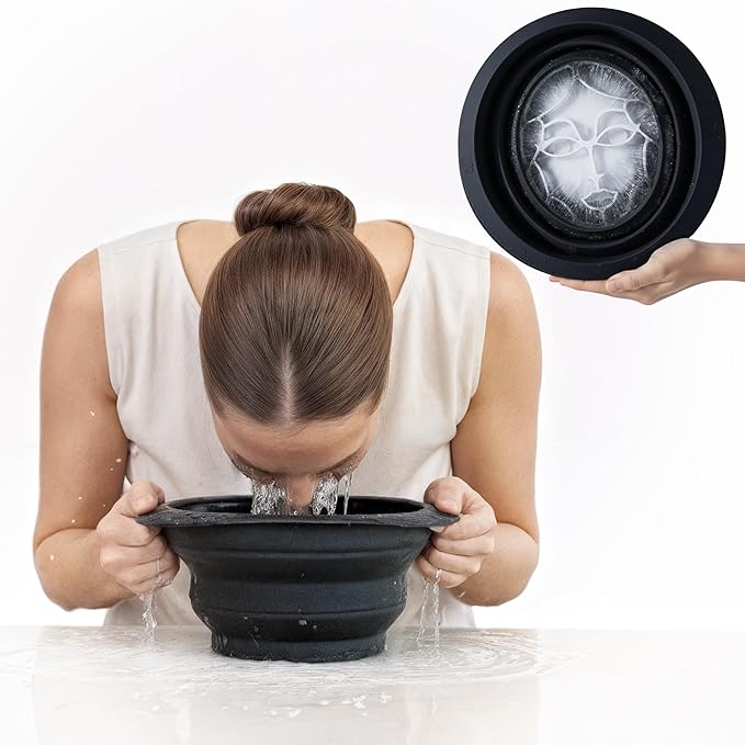 Facial Cold Plunge™ | Collapsible Silicone Ice Facial Bowl with Built-In Ice Tray | Portable Face Ice Bath for Skin Tightening, Puffiness, Acne Relief & Glow (Soft Pink) (Dark Blue)
