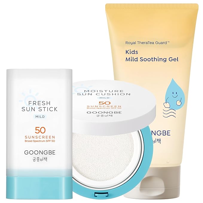 GOONGBE Kids Sun Care Set - SPF 50 Zinc Oxide Mineral Sunscreen Cushion & Stick with After Sun Soothing Gel - Vegan, Reef-Safe, Allergen-Free for Babies & Sensitive Skin