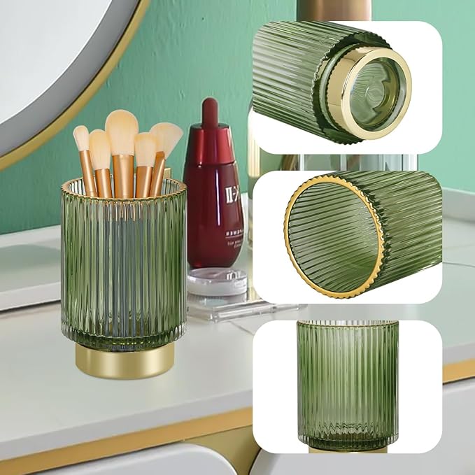 Glass Makeup Brush Holder Organizer, Gold Toothbrush Holders for Bathroom, Green Makeup Brush Holder Cup for Vanity, Desktop Crystal Eyeliners Eyebrow Pencil Storage Cup Holder