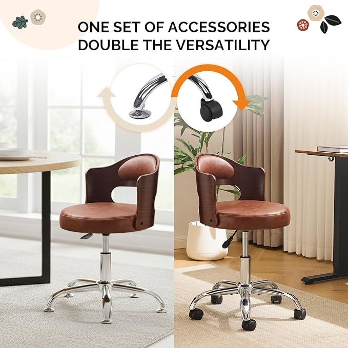 VINGLI Armless Home Office Desk Chair, Adjustable Swivel Chair,Dual-Use with/no Wheels,Small Retro Designed Walnut Curved Task Chair,Cushioned Nail Tech Chair for Study Area,Workspace,PU,Brown