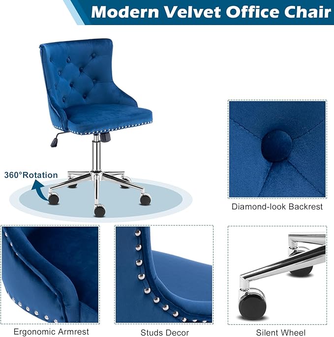 VINGLI Navy Blue Velvet Armless Home Office Desk Chair with Silver Chrome Base/Wheels, Cute Vanity/Makeup Chair with Back for Bedroom, Upholstered Adjustable Rolling Swivel Nail Chair for Women/Girls