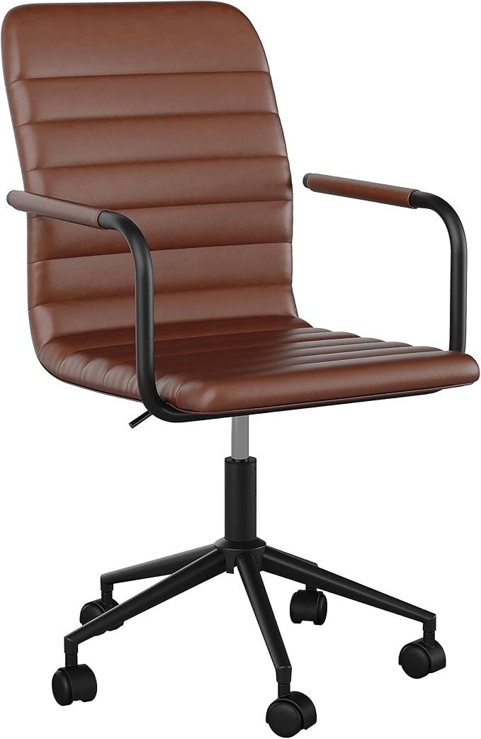 Martha Stewart Taytum Swivel Task Chair with Armrests for Home Office in Saddle Brown Faux Leather with Oil Rubbed Bronze Frame