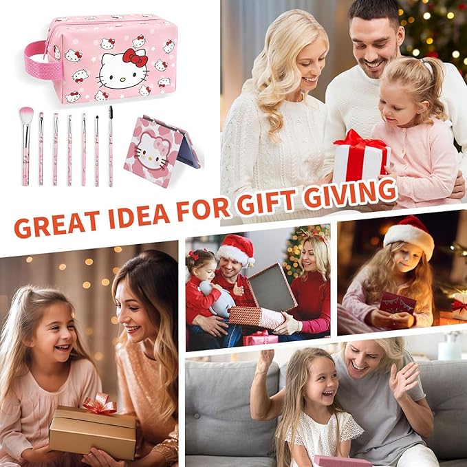 Cute Makeup Bag Set, 1 Makeup Bag and 7 Makeup Brush and 1 Compact Mirror, PU Leather Travel Cosmetic Bag, Gifts for Women Girls, pink0202