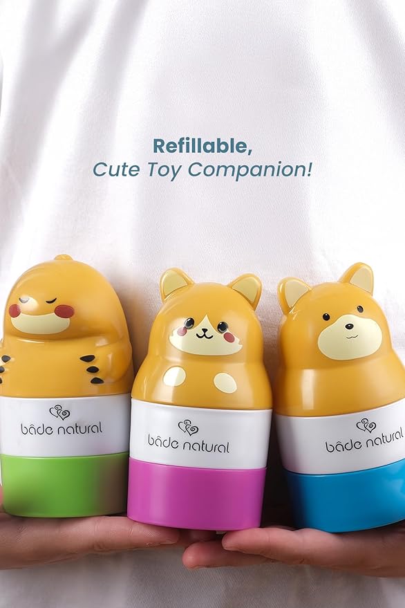 Bade Natural Refillable Cat-Shaped Sunscreen Applicator for Kids – 3.7 fl oz (110 ml) Roll-On Bottle – Empty, Reusable Dispenser for SPF Lotion – Soft Applicator Tip, Travel-Friendly