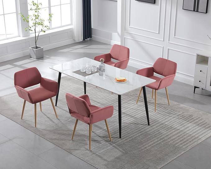 KCC Small Modern Dining Room Arm Chairs 1 Piece, Mid-Century Upholstered Velvet Side Seat Club Guest with Metal Tube Legs for Kitchen, Living Room, Rose