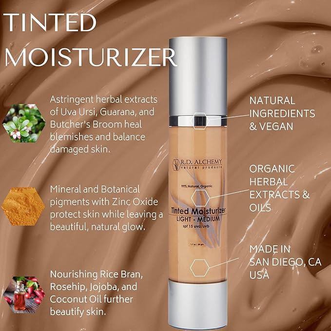 RD Alchemy - 99% Natural & Organic Tinted Moisturizer MEDIUM-DEEP Shade with SPF. Best BB and CC cream for Normal to Dry Skin. Dark Circles & Blemishes, Reduced Pore Size, & Less Acne Breakouts.