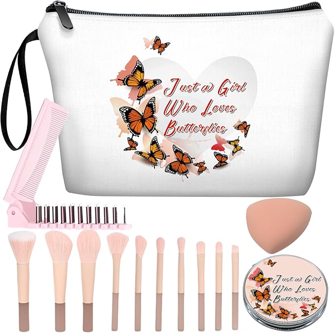 Personalized butterfly love heart Makeup Bag set with Mirror for Women, white Butterfly travel Cosmetic bag kit for Bride Bridesmaid with pink brush set,Butterflies Gifts for Women Mom femal Friends