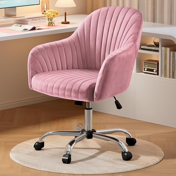 Warmiehomy Velvet Desk Chair for Home Office, Modern Adjustable Swivel Task Chair, Women Vanity Chairs with Arm Rest for Bedroom Dressing Room, Rose Pink