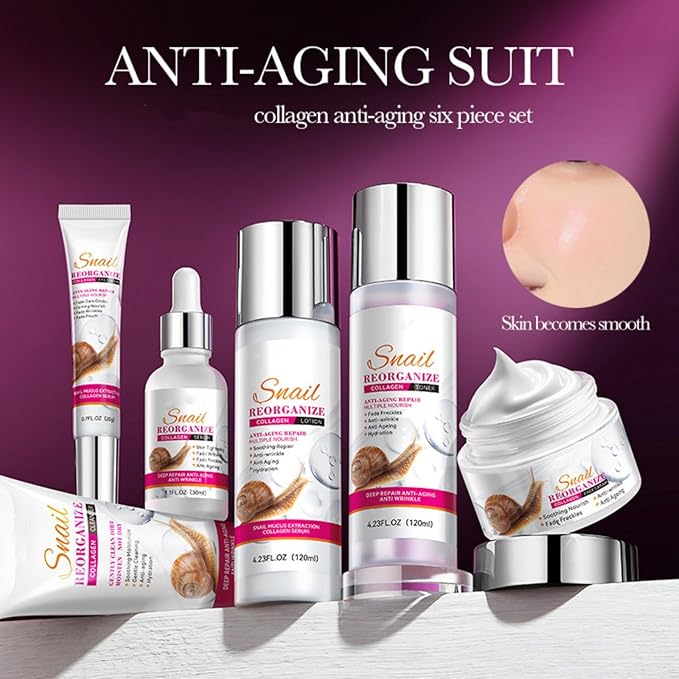 Snail Collagen Skincare Set, 6-Piece Anti-Aging Routine Kit with Cleanser, Toner, Lotion, Eye Cream, Serum, Cream, Moisturizing & Soothing Kit for Women & Men, Firms Skin & Reduces Fine Lines