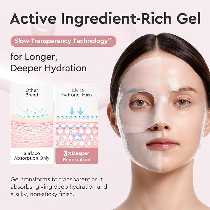 Elvira Bio-Collagen Real Deep Mask, Overnight Hydrating Face Mask with Hyaluronic Acid, Korean Skincare Face Mask for Moisturizing and Firming, Face Masks Sheet for All Skin Types, 4 Pack