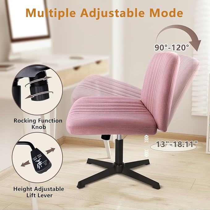 Criss Cross Chair, Cross Legged Desk Office Vanity Chair, Comfortable Pink Vanity Chair with Back, Armless Fabric Adjustable Wide Swivel Criss Cross Desk Chair for Home Office