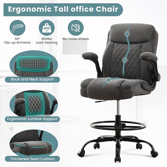 Drafting Chair for Standing Desk – Tall Office Chair with Adjustable Height & Foot Ring, Flip-Up Arms, Lumbar Support – Comfortable Fabric Seat, Ideal Home Desk Chair