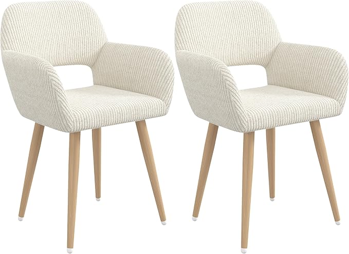 Home Office Desk Chair Set of 2, Corduroy Fabric Vanity Chair for Makeup with Hollow Backrest, Comfy Armchair Wood Frame with Strudy Metal Legs, Beige