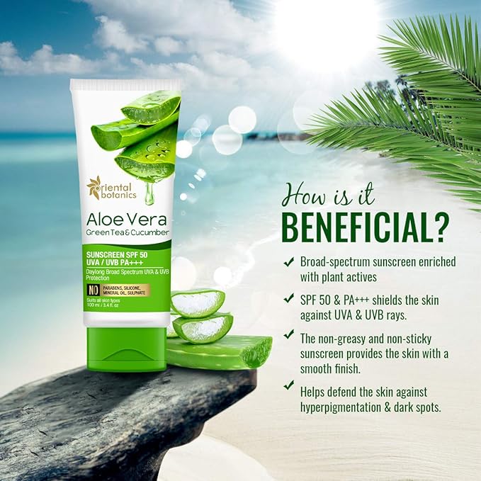 Oriental Botanics Aloe Vera, Green Tea & Cucumber Sunscreen SPF 50 UVA/UVB PA+++, 100ml