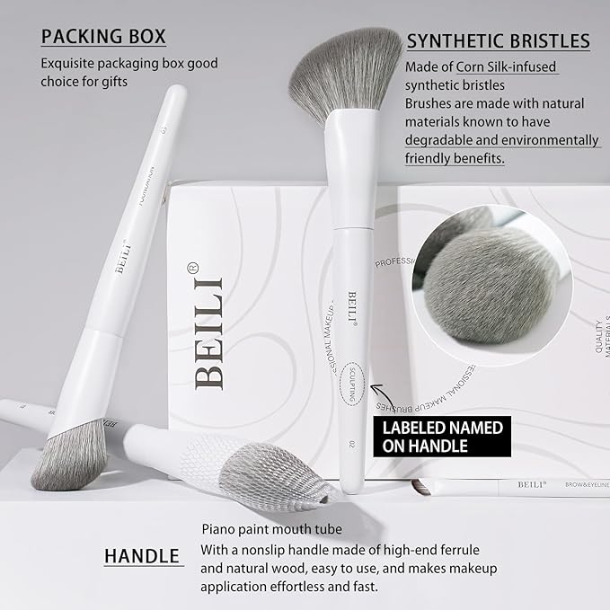 BEILI 12Pcs White Makeup Brush Set, Premium Synthetic Brushes for Foundation, Blending, Eyeshadow, Contour, Blush, and Eyeliner, Luxury Gift-Ready